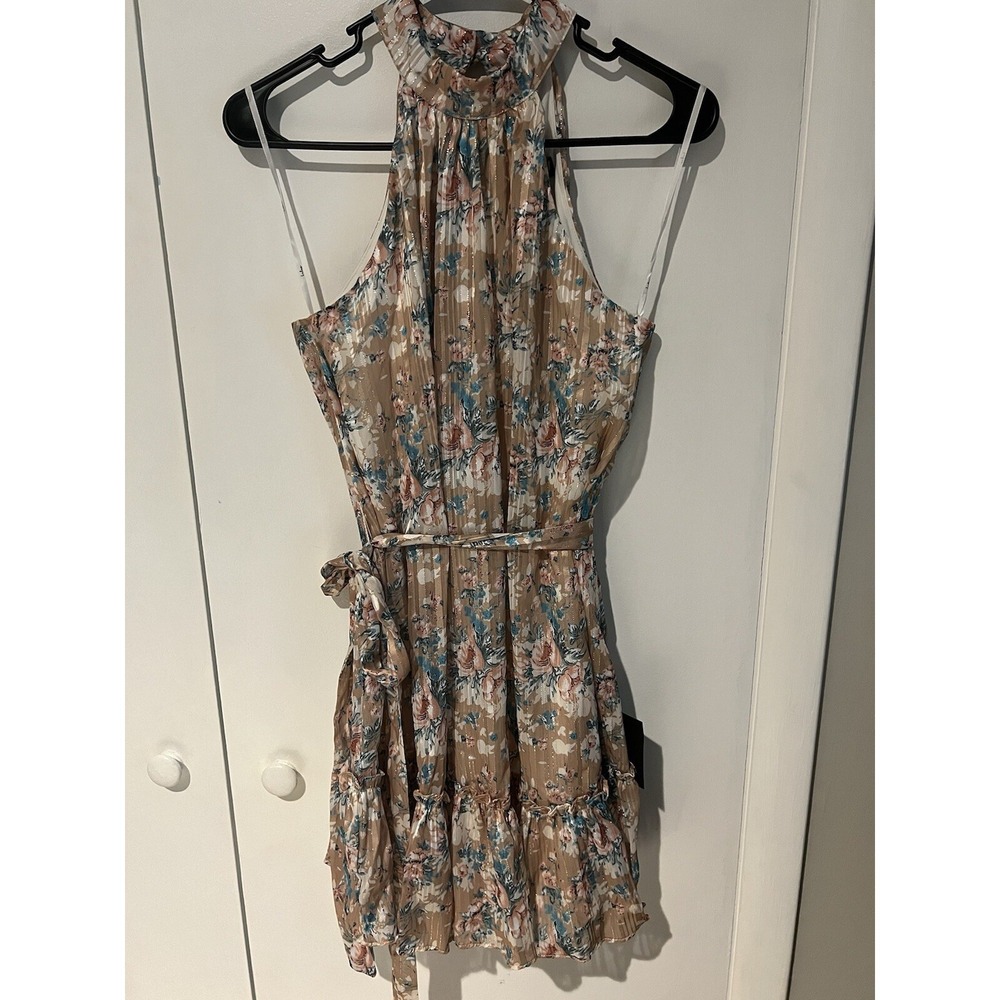 NWT Lulus Beyond Lovely Beige‎ Floral Print Halter Sleeveless Mini Dress XS